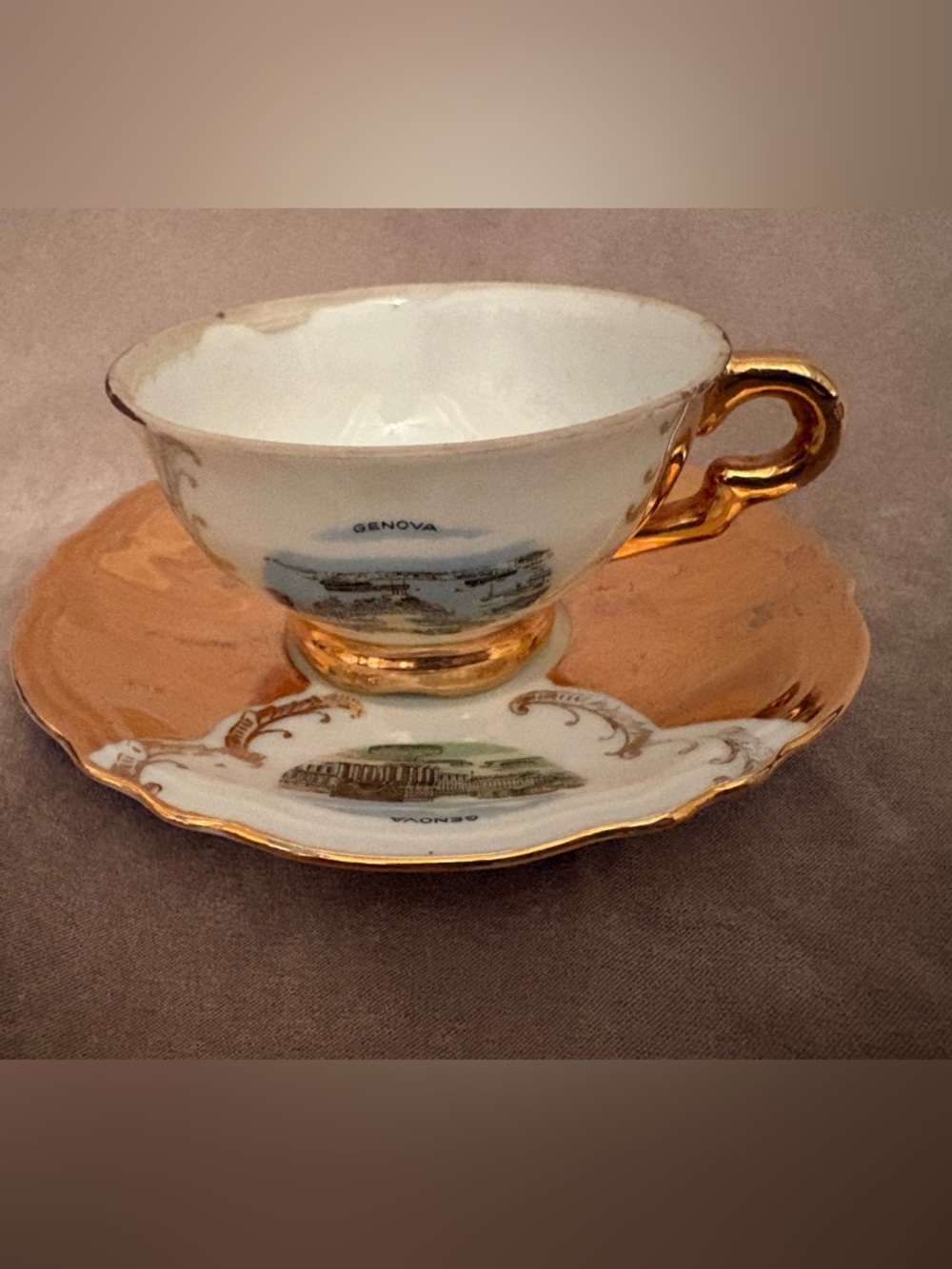 Vintage Genova Souvenir Gold-Trim Porcelain Teacup & Saucer